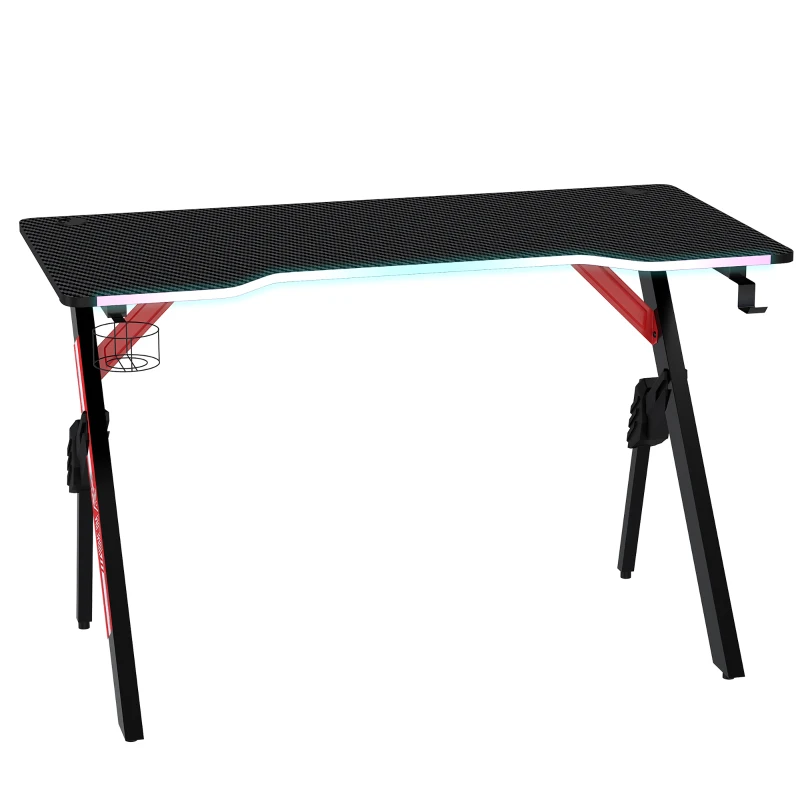 HOMCOM 1.2m Gaming Desk w/ RGB Light Steel Frame | Racing Style Computer Table w/ Cup Holder Headphone Cable Management | Study Workstation Home Bedroom - Black
