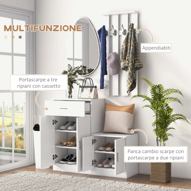 HOMCOM Scarpiera con Appendiabiti a Combinazione per Ingresso e Camera da Letto Legno 100x32x187cm Bianco