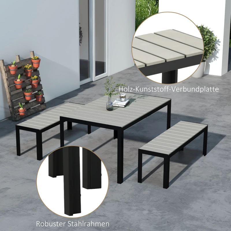 Outsunny Terrassenmöbel-Set, 3-teilig, 2 Bänke & 1 Tisch, Metallrahmen, Holzoptik, Grau