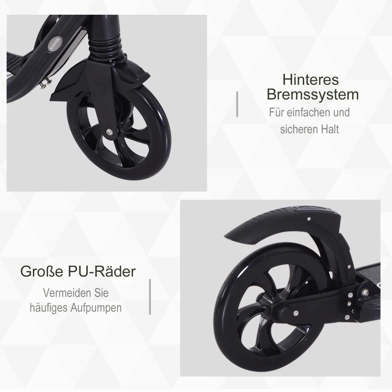HOMCOM Scooter Kickscooter Roller Tretroller mit  200 mm rutschfesten Vollgummireifen für Erwachsene Kinder Teenager ab 14 Jahren höhenverstellbar faltbar Schwarz 93,5 x 38 x 95-105 cm