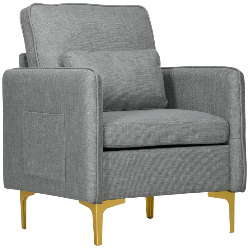 HOMCOM Poltroncina Moderna con Tessuto effetto Lino, Gambe in Acciaio e Tasche laterali, 72x72x90cm, Grigio