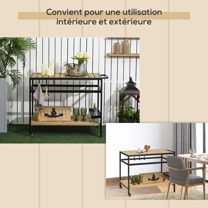 Outsunny Desserte de jardin chariot pour plancha en bois et métal 2 étagères 3 crochets 107 x 65 x 80 cm noir naturel