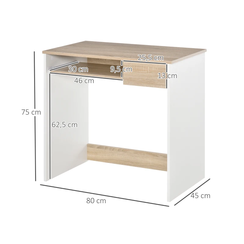 HOMCOM Bureau secrétaire bureau informatique simple pour enfant avec tablette clavier et tiroir coulissant chêne clair blanc