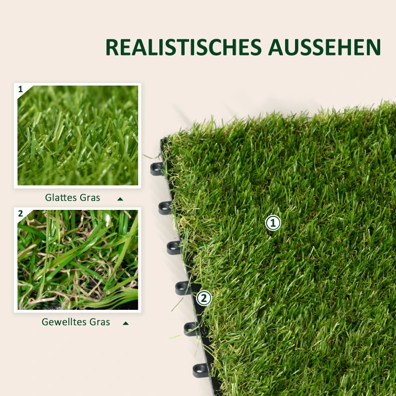 Outsunny Kunstrasen, naturgetreu, Drainagefunktion, 6,5 K Fasern/m², 25mm Höhe, 10-er Set je 30x30cm, Grün