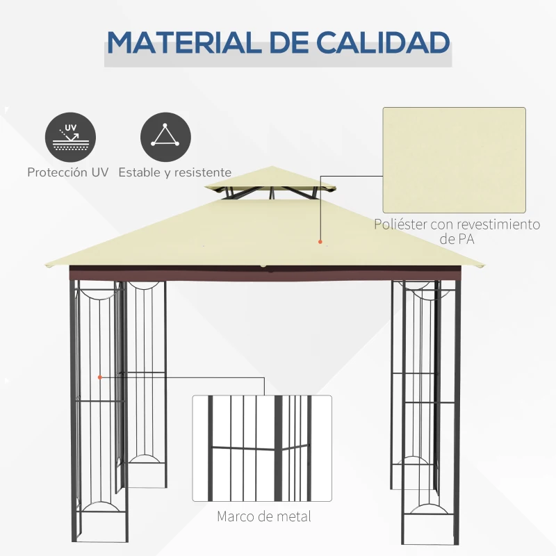Outsunny Cenador de Jardín 3x3 m Pabellón para Exterior con Doble Techo de Ventilación y Marco de Acero Anti-UV para Fiestas Eventos Patio al Aire Libre Beige