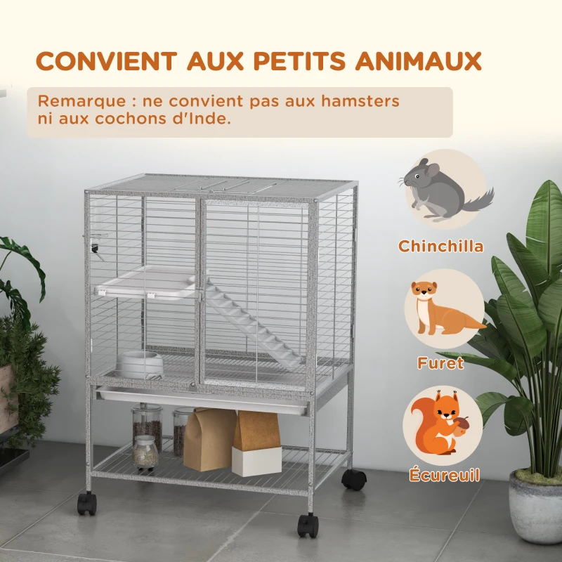 PawHut Cage pour petits animaux sur roulettes 2 niveaux avec 2 portes, 1 rampe, 1 étagère de rangement 61,5 x 44,5 x 86 cm gris
