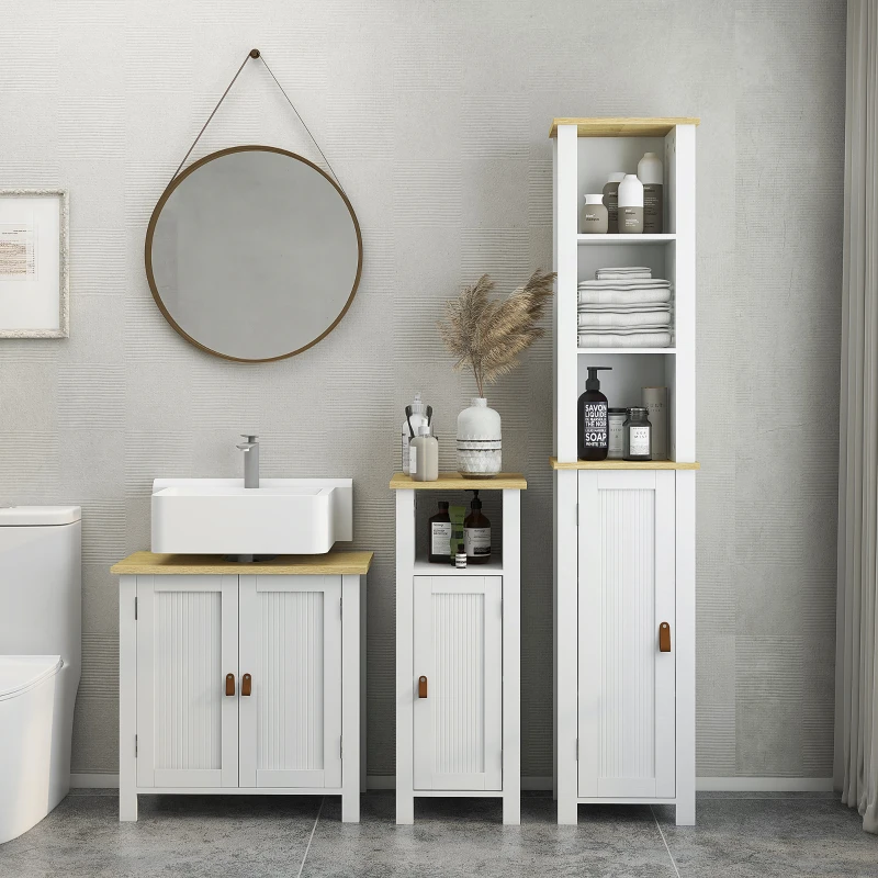 kleankin Meuble colonne de salle de bain placard à 3 niveaux étagères réglables porte en lambris 34 x 23 x 165 cm blanc