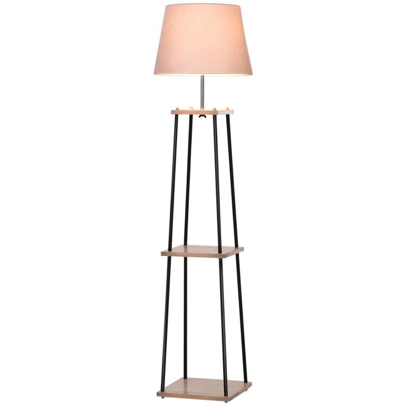 HOMCOM Lampadaire design contemporain dim. 40L x 40l x 160H cm 40 W max. 3 étagères intégrées bois massif pin métal noir lin beige