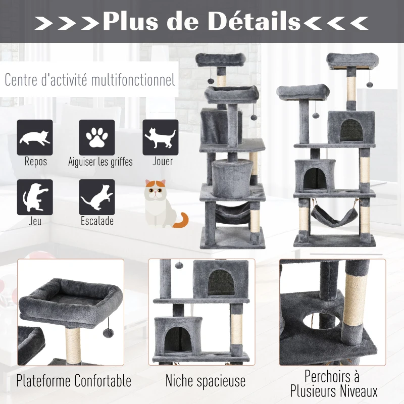 PawHut Arbre à chats multi-équipements griffoirs grattoirs plateformes niches hamac paniers jouets suspendus dim. 60L x 50l x 145H cm gris foncé