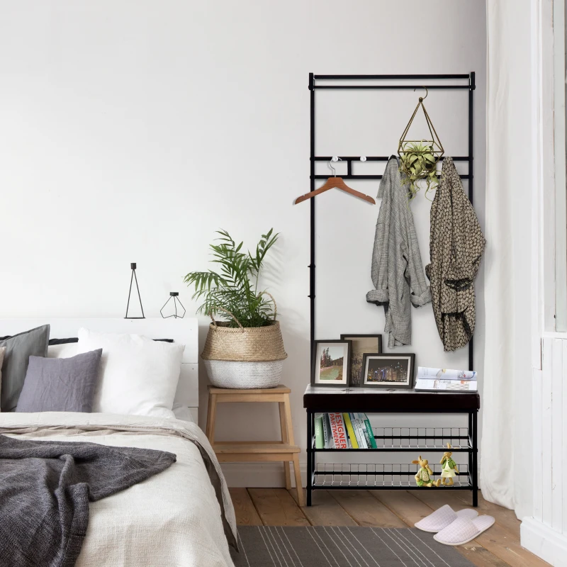 HOMCOM Porte-manteau vestiaire d'entrée banc intégré 2 étagères 5 patères + barre de penderie métal noir revêtement synthétique chocolat