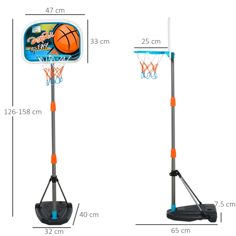 HOMCOM Set Canestro per Bambini Regolabile in Altezza, Palla da Basket, Base e Pompa Gonfiaggio Inclusi 32x65x126-158cm