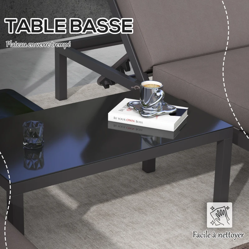 Outsunny Ensemble de salon de jardin modulable, 2 bains de soleil avec matelas + 1 table basse verre trempé, aluminium