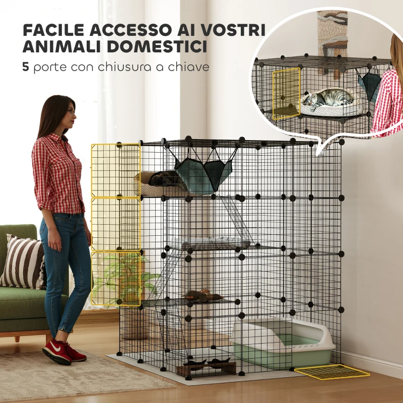 PawHut Gabbia per Gatti Modulabile a 4 Livelli con Piattaforme, Rampe e 5 Porte, in Acciaio e PP, 105x105x140 cm, Nero