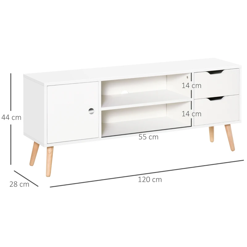 HOMCOM TV Lowboard Fernsehtisch Fernsehschrank für TV bis zu 50" mit Schrank 2 Schubladen Holzfüße Wohnzimmer Weiß 120 x 28 x 44 cm