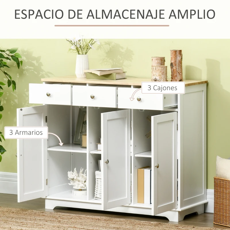 HOMCOM Aparador de Cocina Mueble Auxiliar de Almacenaje para Comedor Salón Estilo Moderno Antivuelco 101x40x85 cm Blanco