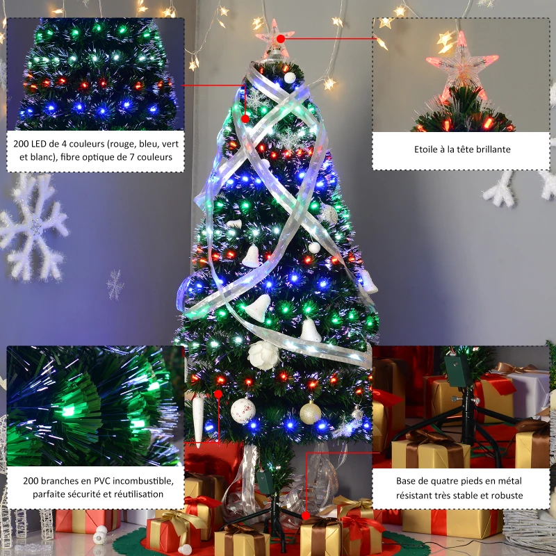 HOMCOM Sapin de Noël artificiel lumineux fibre optique LED x 200 multicolore + support pied Ø 70 x 150H cm 200 branches étoile sommet brillante vert