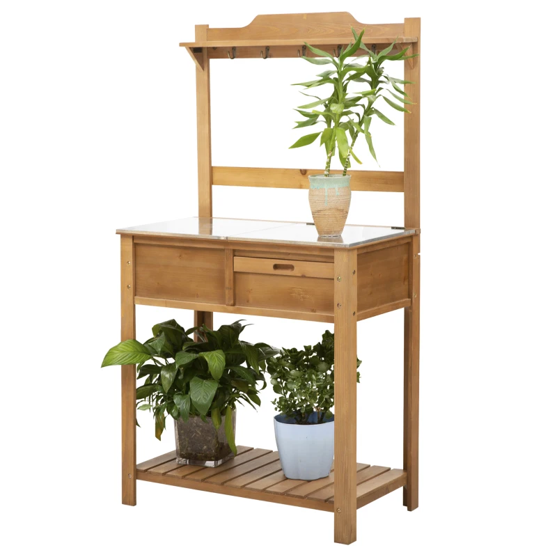 Outsunny Pflanztisch mit verzinkter Arbeitsplatte Gärtnertisch für Garten Balkon und Terrasse mit Ablage Blumenregal Blumenständer aus Tannenholz Metall Natur 80 x 42 x 142 cm