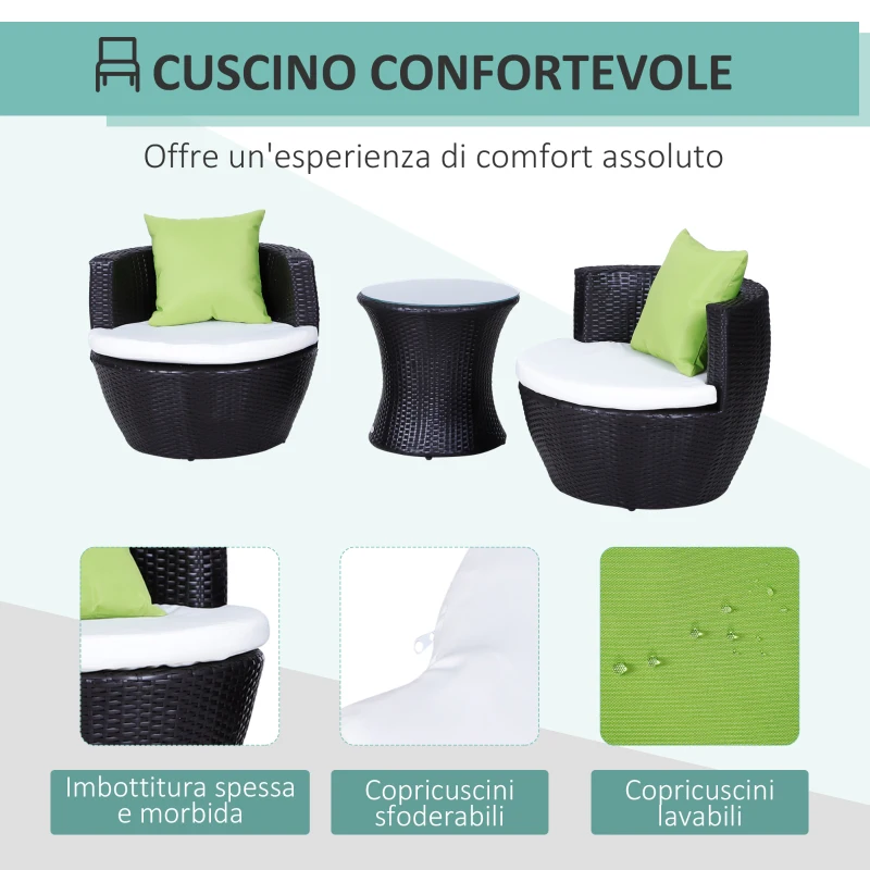 Outsunny Set Mobili in Rattan Set 2 Poltrone, Tavolino con Cuscini 3pz Giardino Esterno