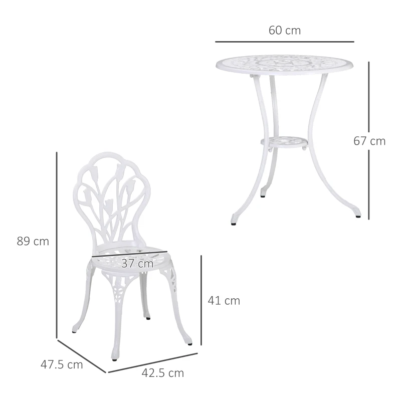 Outsunny Set da Giardino 3 Pezzi in Alluminio con 2 Sedie 42.5x47.5x89 cm e Tavolino Rotondo Ø60x67 cm, Bianco