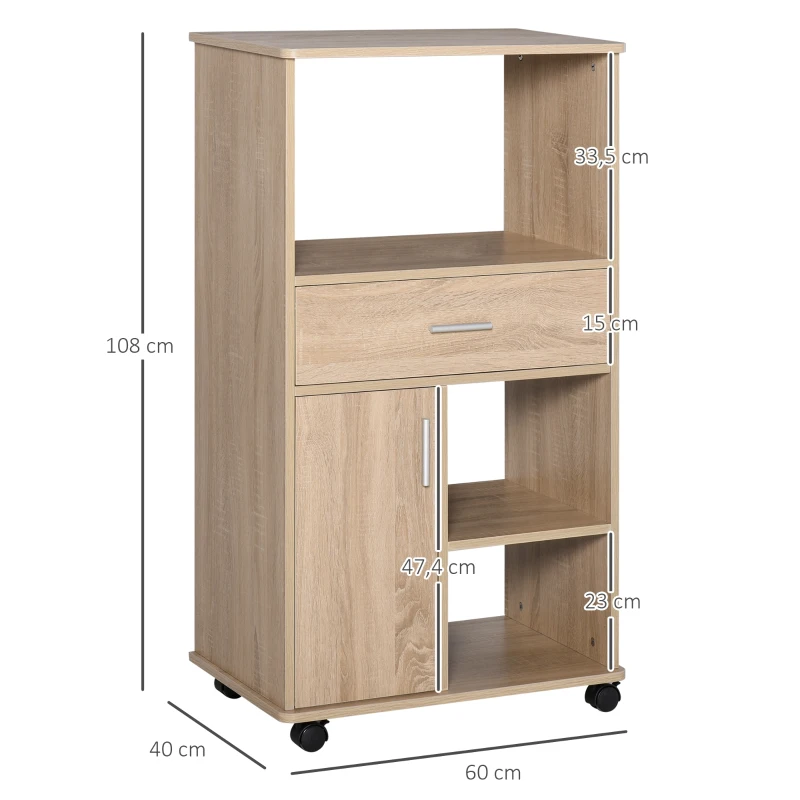 HOMCOM Carro de Cocina para Microondas Aparador de Almacenaje con 4 Ruedas y Frenos Cajón Estantes Abiertos Compartimento con Puerta 60x40x108 cm Roble
