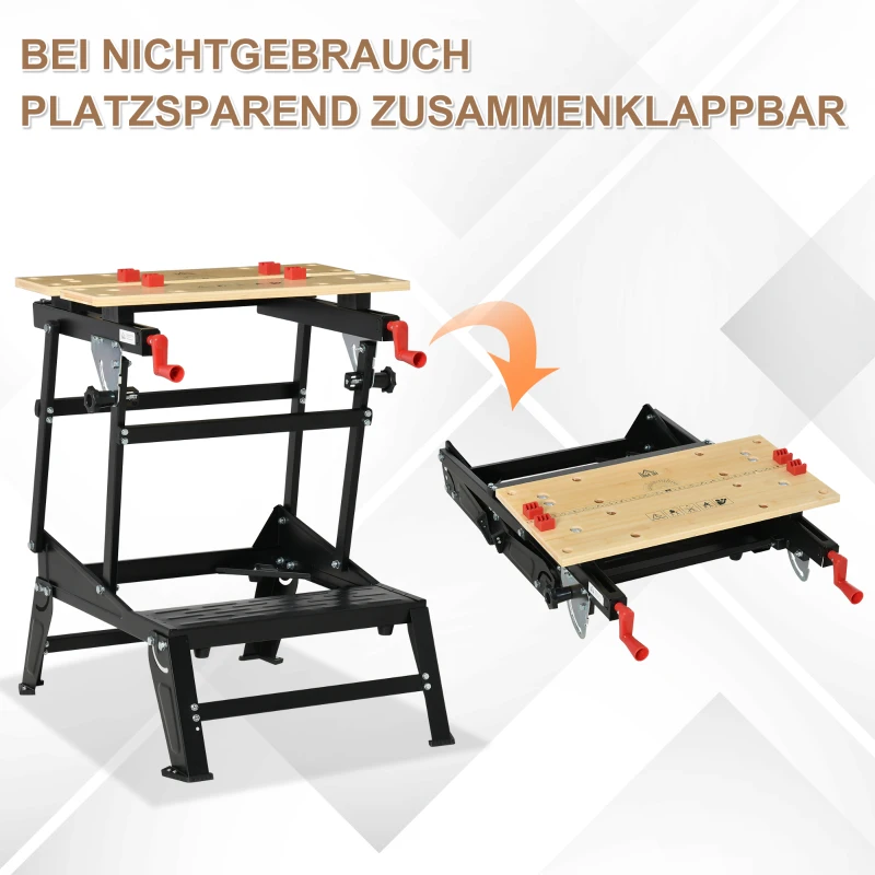 HOMCOM Werktisch Spanntisch Werkbank Werkstatt Versenkbare und klappbare Tischplatte Belastbarkeit Arbeitstisch höhenverstellbarer Tisch Metall Bambus Naturholz+Schwarz+Rot 68 x 60 x 21-78 cm