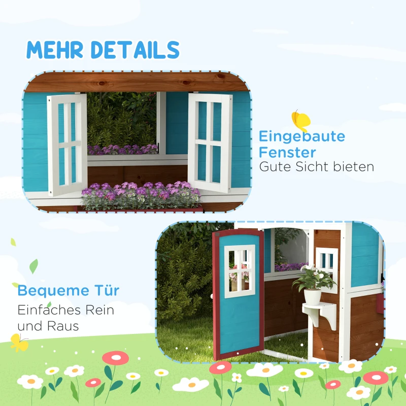 Outsunny Kinderspielhaus Spielhaus Holzspielhaus, wetterbeständig, mit Blumenkästen, 114 x 126.4 x 135 cm, Braun + Blau + Weiß