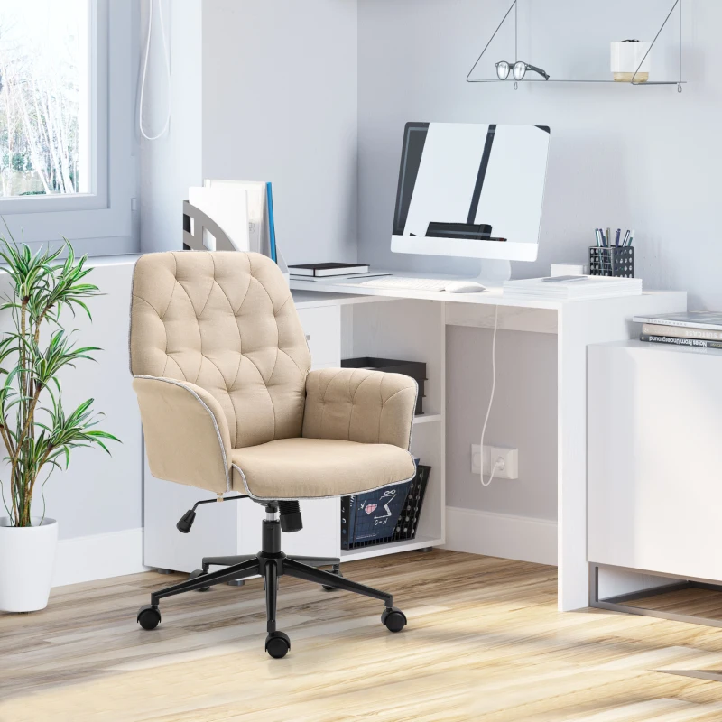 Vinsetto Office Desk Chair, Linen-Feel Fabric Vanity Chair with Adjustable Height, Armrest, Swivel Chair for Home, Beige