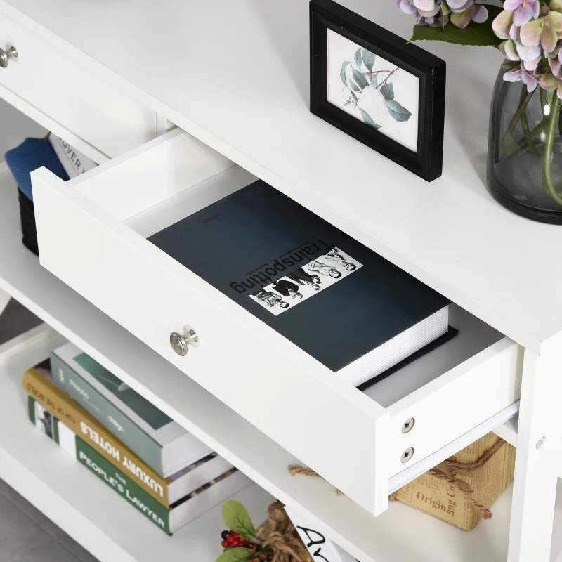 HOMCOM Tavolo Consolle con 2 Cassetti e 2 Mensole, Consolle Ingresso e Soggiorno in MDF, 100x30.5x80cm, Bianco