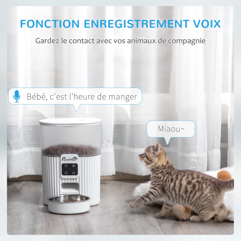 PawHut Distributeur 3.5L automatique de croquettes pour chien chat programmable avec gamelle 4 repas - avec bol en acier inoxydable enregistrement vocal