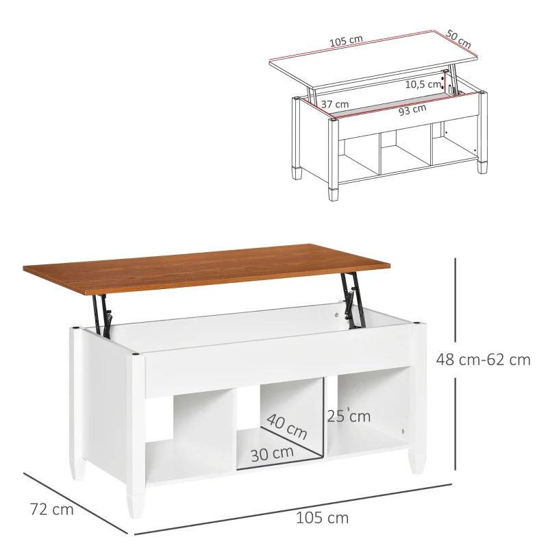 HOMCOM Mesa de Centro Elevable Mesa de Café con 3 Compartimentos Abiertos Mesa Rectangular Moderna para Salón Comedor 105x50x48-61,5 cm Blanco y Marrón