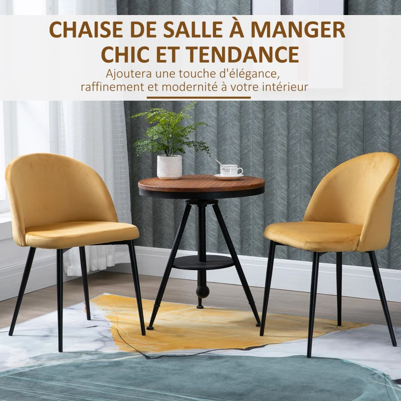 HOMCOM Lot de 2 chaises salle à manger chaise de cuisine scandinave chaise en velours rembourrée avec pieds effilés en métal, pour salon, salle à manger, jaune