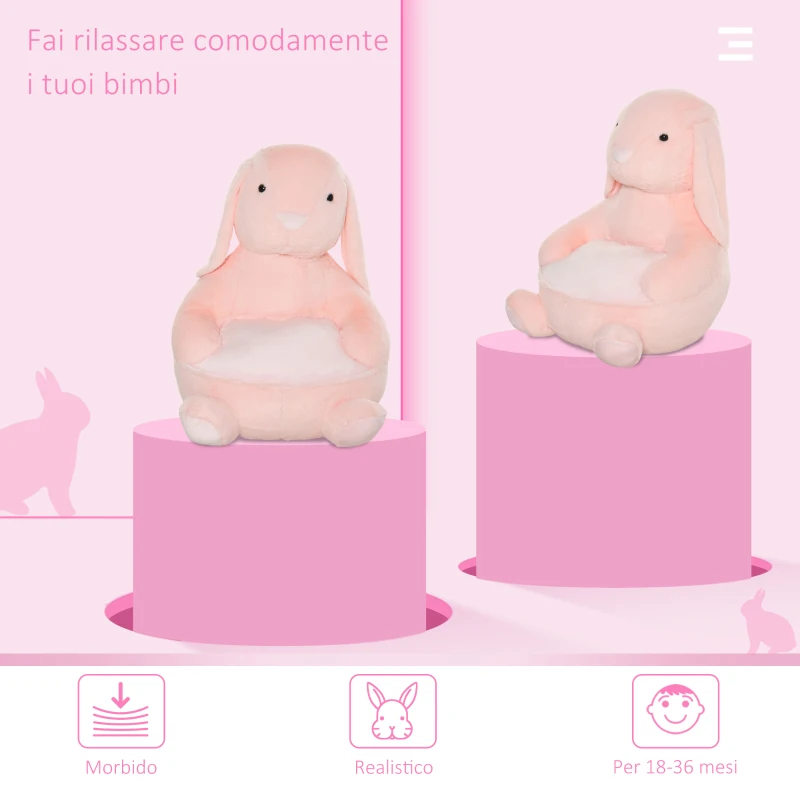 HOMCOM Poltroncina per Bambini Forma a Coniglio in Peluche con Base Antiscivolo, Arredamento Cameretta Rosa, 60x50x59cm