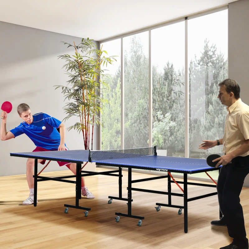 SPORTNOW Table de tennis de table pliable compacte avec 8 roulettes pour intérieur et extérieur 274 x 152,5 x 76 cm bleu