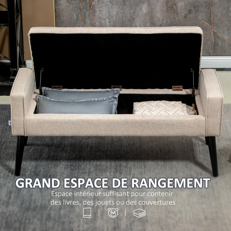 HOMCOM Banc de rangement, coffre de rangement avec assise rembourré, bout de lit en tissu aspect lin avec pieds effilés en bois, 120 x 45 x 54 cm, beige