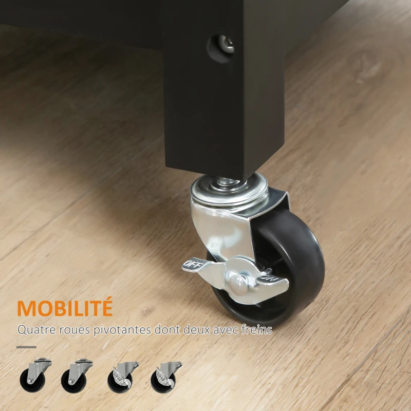 HOMCOM Desserte de Cuisine à roulettes Chariot de Service Style Contemporain - Porte, tiroir, 3 étagères - poignées métal Plateau Bois hévéa Noir