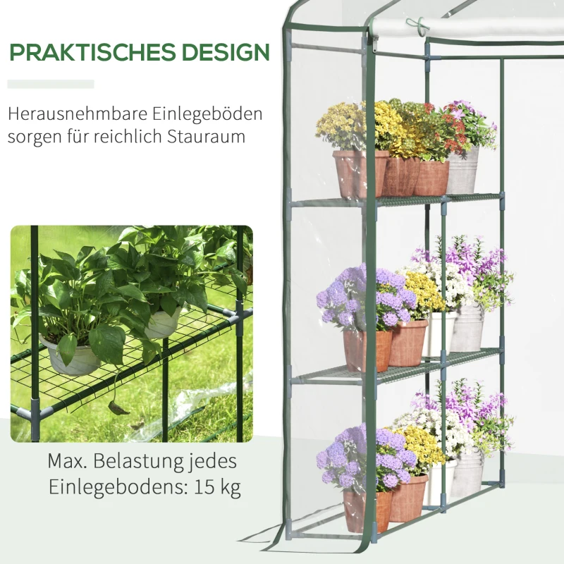 Outsunny Foliengewächshaus begehbares Gartenhäuschen Tomatengewächshaus Treibhaus Frühbeet mit 6 Regalen Transparent Stahl PVC-Kunststoff 143 x 143 x 195 cm