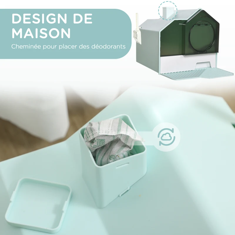 PawHut Maison de toilette bac à litière pour chat design maisonnette avec pelle, filtre et tapis dim. 47L x 45l x 42H cm bleu