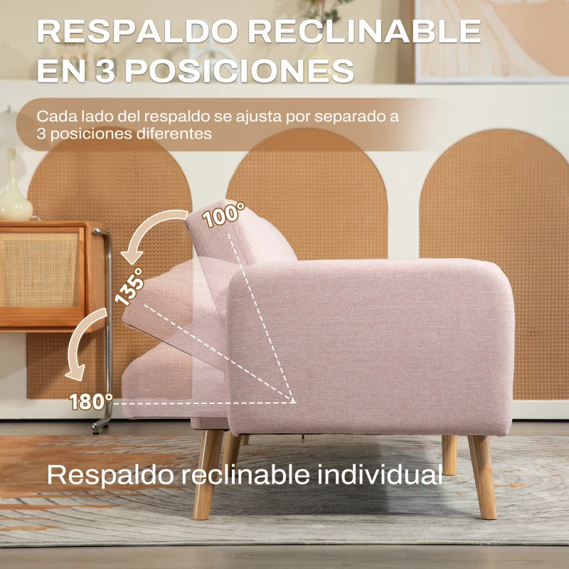 HOMCOM Sofá Cama de 2 Plazas Tapizado en Lino Sintético con Respaldo Ajustable y Reposabrazos Desmontables 173x75x73 cm Rosa(m-5)