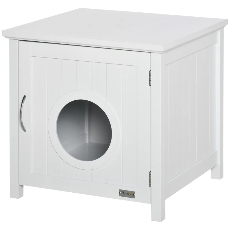 PawHut Casa para Gatos de Madera Mueble Arenero para Gatos 2 en 1 con Armario de Almacenaje Encimera Amplio Puerta con Orificio de Entrada 51,5x48,2x51 cm Blanco