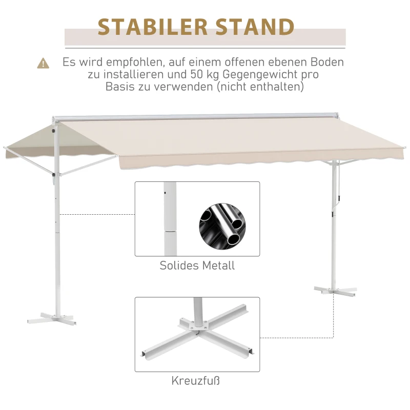 Outsunny Standmarkise Markise 4,5 x 3,4m Terrassenüberdachung Gartenmarkise mit Faltarm Kurbel Terrasse Creme Alu Metall