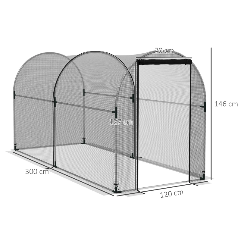Outsunny Serra per Piante con Rete a Tunnel, con Porta a Cerniera, 1.2x3x1.5m, Nero