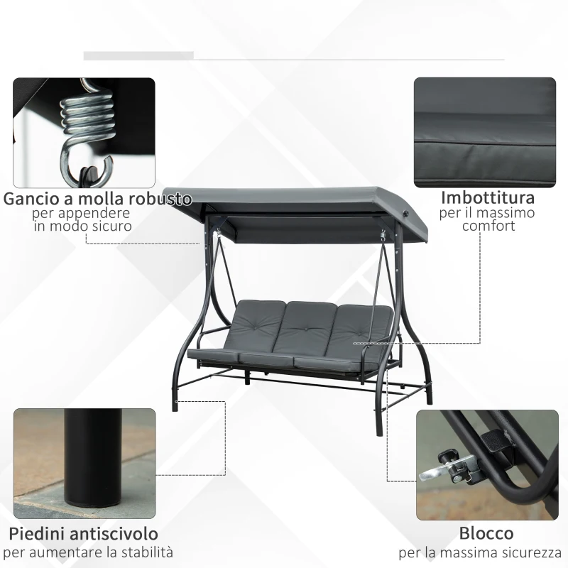 Outsunny Dondolo da Giardino 3 Posti Convertibile in Lettino con Tettuccio Regolabile, Grigio Scuro
