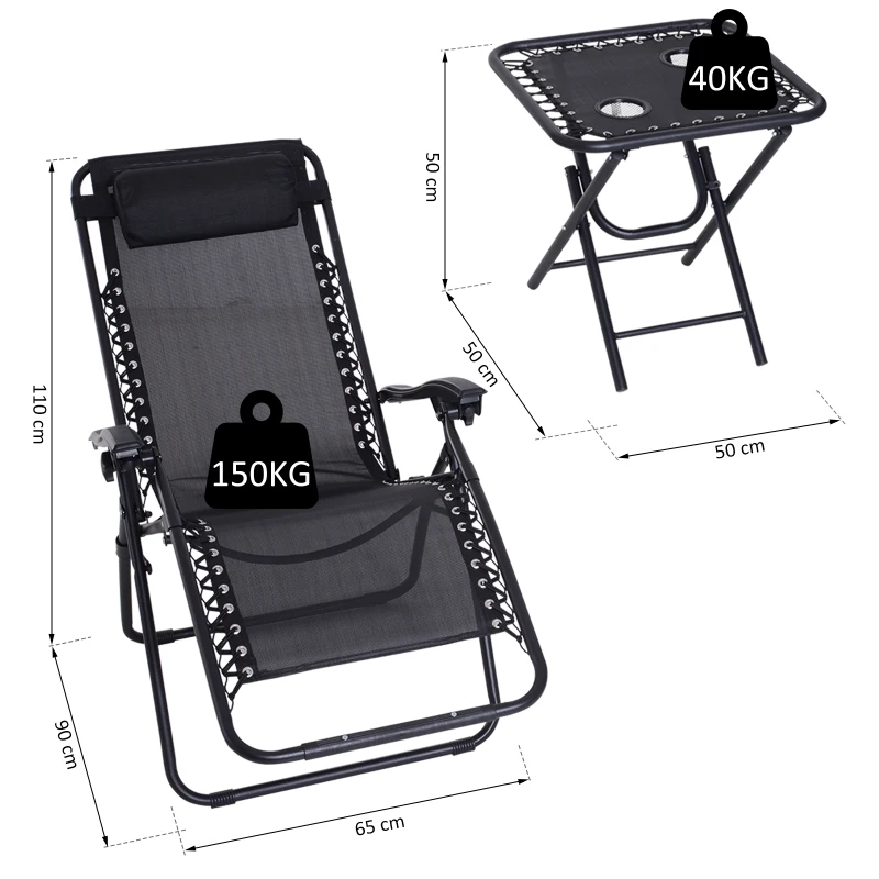 Outsunny Set de 2 Sillas de Gravedad Cero Plegables 90x65x110 cm y Mesa Auxiliar 50x50x50 cm con 2 Portavasos Sillas Reclinables con Reposacabezas para Jardín Terraza Negro