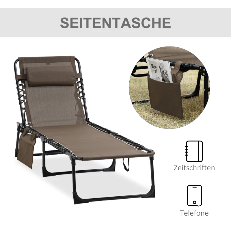 Outsunny Liegestuhl, Zusammenklappbare Liege mit Nackenkissen, Stahlrahmen, Netzstoffbezug, 120 kg Belastbarkeit, Braun
