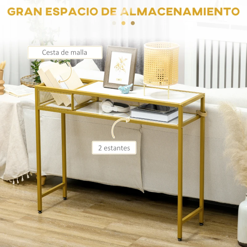HOMCOM Mesa de Entrada con Estante Cesta de Almacenamiento y Marco de Acero Mueble Recibidor 100x30x80 cm Oro y Blanco