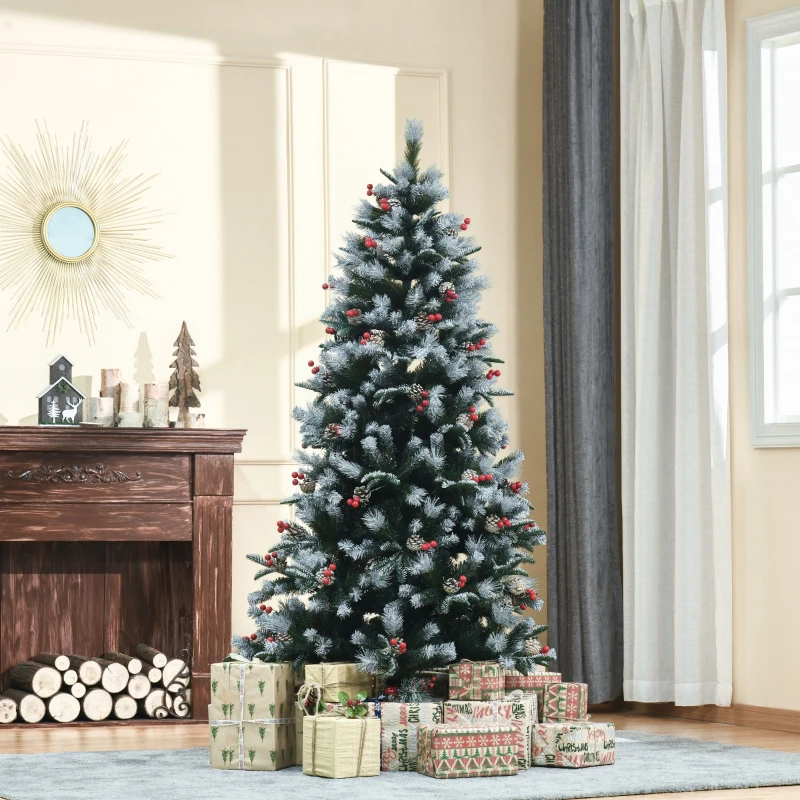 HOMCOM 6FT Artificial Snow Dipped Christmas Tree Xmas Pencil Tree Holiday Home Party Decoration with Foldable Feet Red Berries White Pinecones, Green