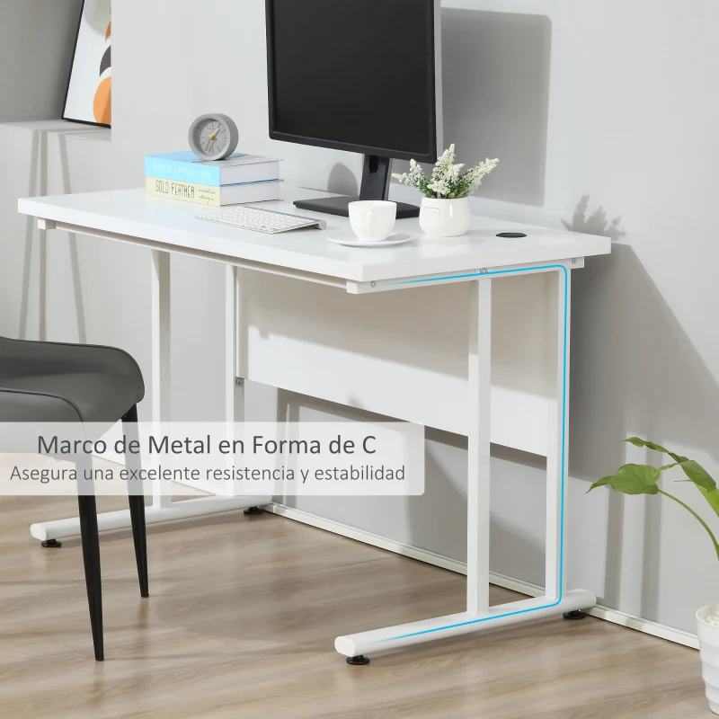 HOMCOM Escritorio Mesa de Ordenador Moderna con 2 Orificios para Cables con Pies Ajustables Mesa Multifuncional para Oficina Estudio 120x60x75 cm Blanco