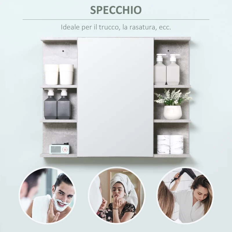 kleankin Specchiera Bagno a Parete con Anta e Mensole Laterali in Legno, 80x19.8x64cm