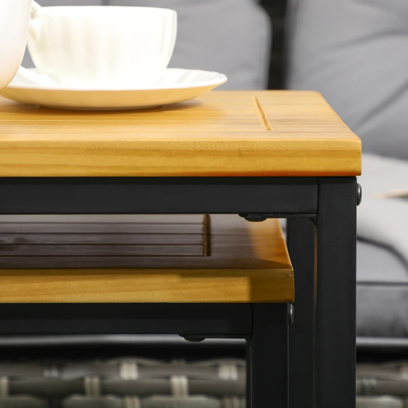 Outsunny Set 2 Tavolini da Giardino a C in Metallo e Legno di Pino con Design Impilabile, 40x30x60 cm