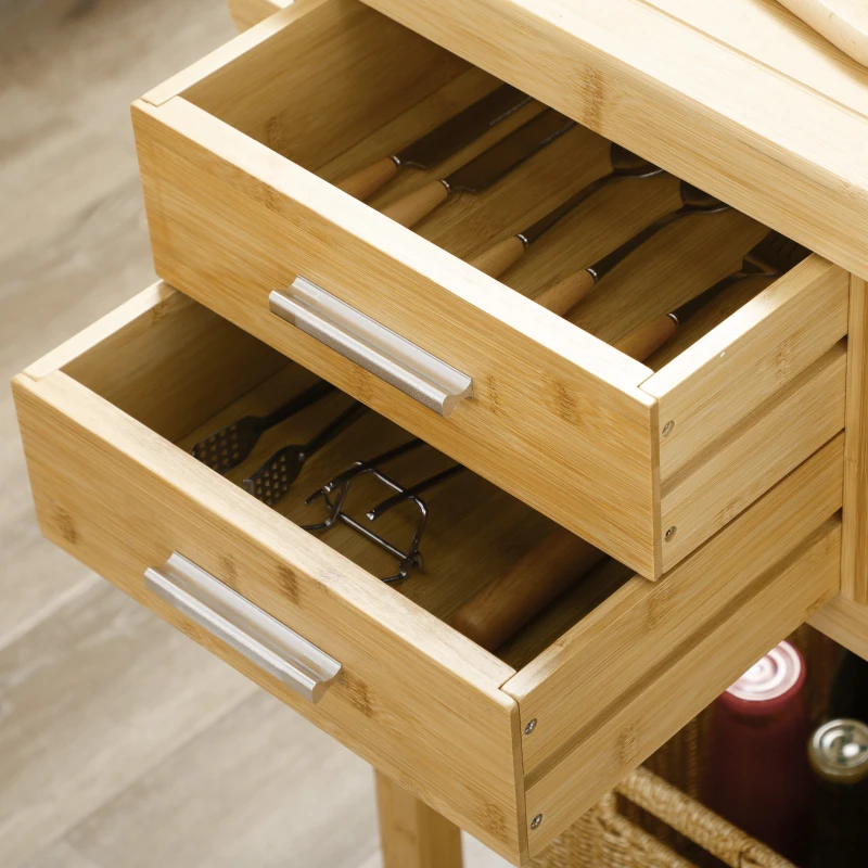 HOMCOM Desserte de cuisine à roulettes chariot de service meuble de rangement pour cuisine en bambou 2 tiroirs 83 x 45 x 96 cm